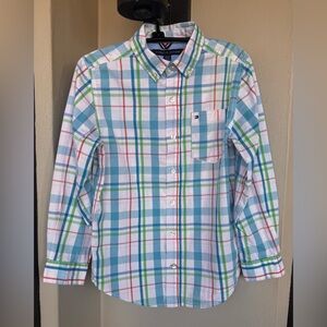 Tommy Hilfiger Boys Button Down Shirt White/Blue/Green Plaid Long Sleeve 12/14 M